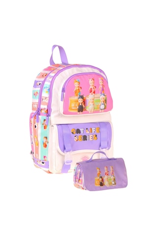 Kaukko Kids Cat Life Mor - Krem Kız Çocuk İlkokul Sırt Çantası Ve Kalem Çantası Seti - Setkk-l5313c