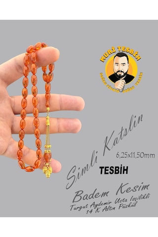 Muri Tesbih 14 K Altın Püsküllü Turgut Aydemir Simli Katalin Badem Kesim 6,25x11,50