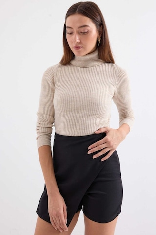 Onno Style Women Fitilli Balıkcı Yaka Basic Kazak Bej