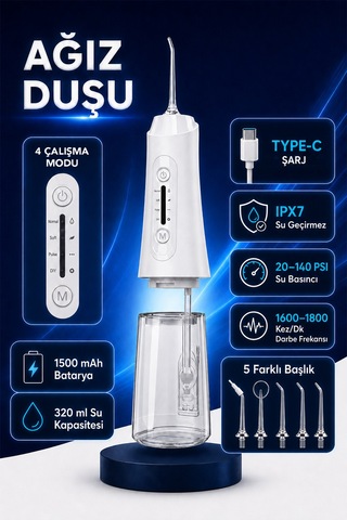 Şarjlı Ağız Duşu - 320ml Su Hazneli 5 Başlık 4 Çalışma Modlu Su Geçirmez Ağız Diş Dil Temizleyici Beyaz