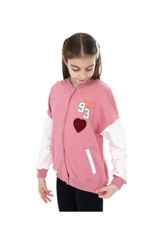 Toontoy Kız Çocuk Kolej Yaka Çıtçıt Kapama Cepli Düşük Omuz Baskılı Renk Bloklu Örme Hırka - 2 İplik Şardonlu Gül Kurusu