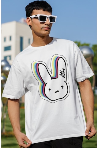 Sevbano Bad Bunny Rapper Şarkıcı Baskılı Unisex Oversize Tişört Beyaz