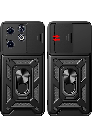 Goocamp İnfinix Hot 40i Kılıf Magnetik Standlı Kamera Korumalı Sürgülü Vega Kapak - Siyah