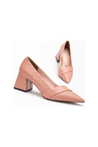Kadın Topuklu Ayakkabı Pudra Baskılı Deri Yanyüzlü Sivri Kalıp-3578 Pudra
