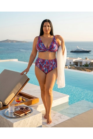 Büyük Beden Üçgen Sabit Pedli Desenli Toparlayıcı Yüksek Bel Kadın Bikini Takım Saks