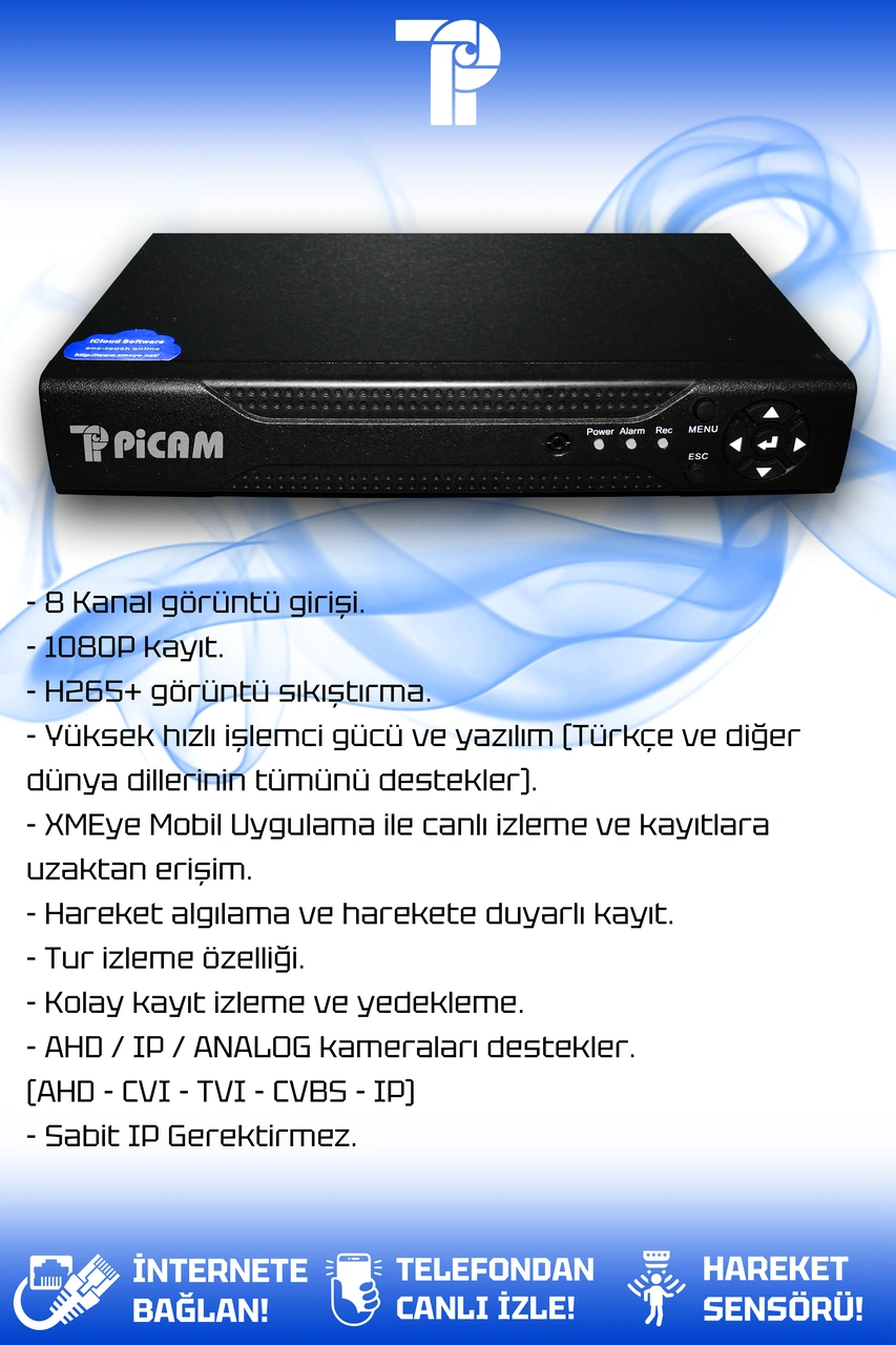 Picam 8 Kameralı Zebra 8 Dış Kamera Set 320 Gb 5 Mp 2k Net Gece Görüşlü Güvenlik Kamerası Sistemi