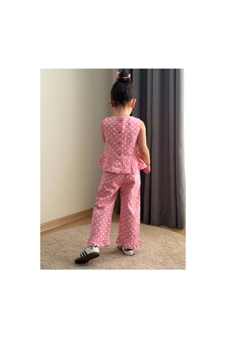Minik Düşler Kız Çocuk Puantiyeli Kolsuz Bluz Pantolon Takım Pembe Yazlık 2'li Takım Pembe