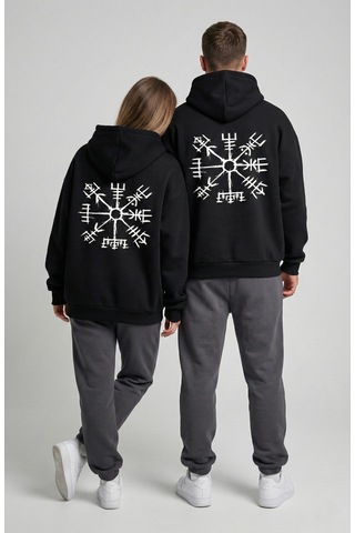 Nevermind Unisex Vegvisir Pusula Baskılı Sevgili Kombini Oversize Hoodie Seti Siyah