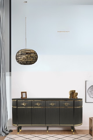Maya Siyah Gold Lüks Konsol 4 Kapaklı Şerit Detaylı Metal Ayaklı Tasarım 180x45x84 Cm