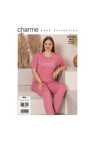 Sude Charme Kadın Büyük Beden Bisiklet Yaka Milan Likralı Kısa Kol Pijama Takımı K601/246 - 1 Adet Pembe