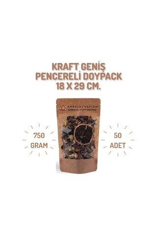 18x29 Cm. Kraft Geniş Pencereli Doypack - 50 Adet