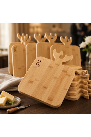 Logonuza Özel 10 Adet Geyik Dekorlu Bambu Kesim Panosu 37x20 Cm Kurumsal Sunum Tahtası Ahşap