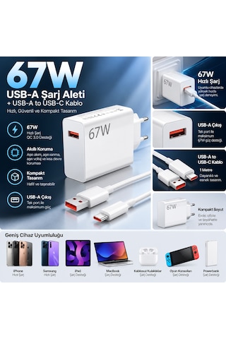 67w Usb-a Hızlı Şarj Adaptörü + Type-c Kablo 1 Metre Telefon Tablet Uyumlu Hızlı Şarj Seti