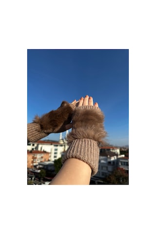 Mollycrush Kadın Peluş Detaylı Yarım Parmak Kışlık Eldiven Sıcak Tutarlı Şık Tasarım Kahverengi