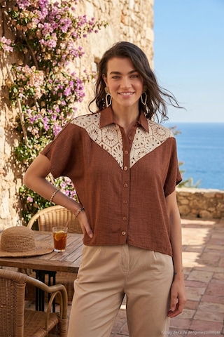 Lela Dantelli Relaxed Fit Kısa Kollu Bayan Gömlek 5865764 Kahve