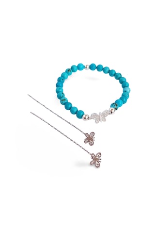 Gümüş Firuze Turkuaz Doğal Taşlı Bileklik Kelebek Zincir Küpe Çoklu Kombin Açık Mavi
