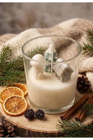 1 Adet Çam Ağacı Ve Ev Şekilli Bardak Soya Mum Beyaz