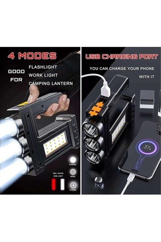 Funtree Işıklı Parlak Led El Feneri, 1000 Yüksek Lümen, Siyah Model, 1000 Lümen Siyah El Feneri Siyah