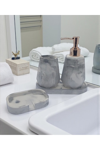 4 Lü Taş Banyo Seti Beyaz - Gri Mermer Desenli 4'lü Sabunluk Seti Gri