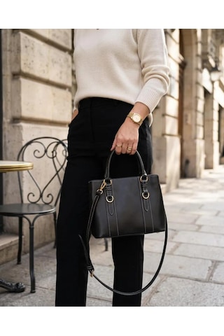 Gurbelle Gürbelle Tekstil / Kumaş Siyah Kilit Detaylı 3 Gözlü Kadın El Ve Çapraz Askılı Çanta 24x18 Cm