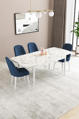 Familieconcept Almira Serisi, Beyaz Mermer Desen 80x132 Açılabilir Mdf Mutfak Masası Takımı 4 Adet Sandalye Lacivert