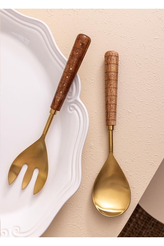The Mia Wood Salata Servis Takımı 2 Parça Gold