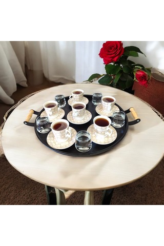 Tepsi Seti Ahşap Kulplu Siyah Metal Çay Tepsisi Kahve Tepsisi