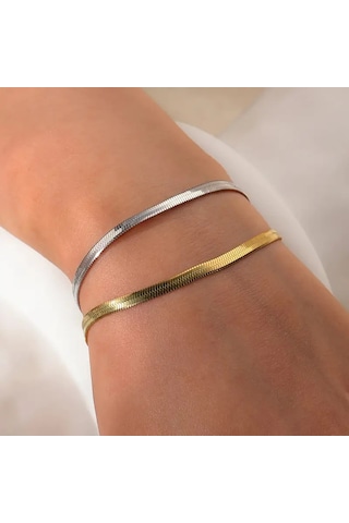 Çelik Takı Seti Bileklik İtalyan Ezme Model İkili 0.3 Mm Genişlik 17 Cm Uzunluk Ek 5 Cm Gold Gümüş Gümüş - Rose Gold