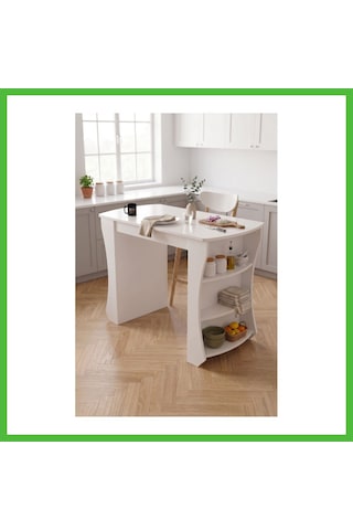 Vaveni Mutfak Masası Mutfak Adası Ada Masa Bar Masası Kahvaltı Masası Raflı Çok Amaçlı Dolap Modern Masa 120x60 Cm 9837 Beyaz Arz