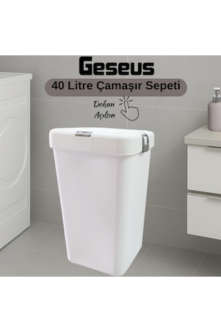 Gümüş Tekli Dokunmatik Çamaşır Sepeti Çöp Kovası Temizlik Kovası Kirli Sepet 40 Litre-mt008 Beyaz