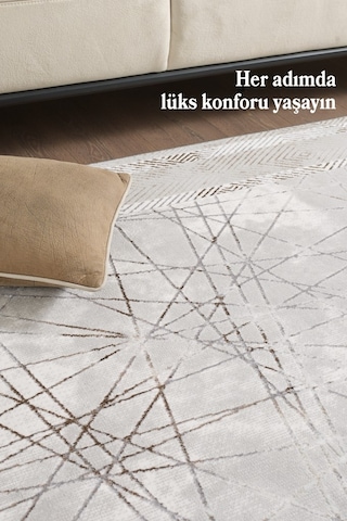 Modern Tasarımlı Pamuk Tabanlı Geometrik Desenli Saçaklı Bej Renkli Halı Bej