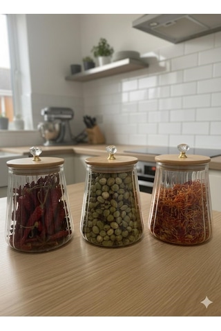 Qerhome Borosilikat Cam Kristal Figürlü Şık Çizgili Chef Prime Cam Kavanoz Mutfak Seti 3 Adet 750 Ml Şeffaf