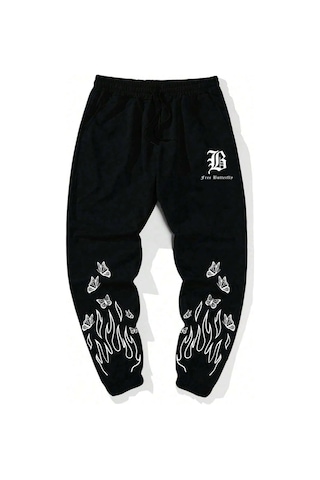 Tarzsokak Legnd Fire & Letter Graphic Drawstring Waist Eşofman Altı Siyah