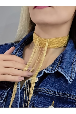 15 Sıralı Zincir V Model Dokuma Sallantılı Vücut Tasma Choker El Yapımı Altın Renk Kolye Gold