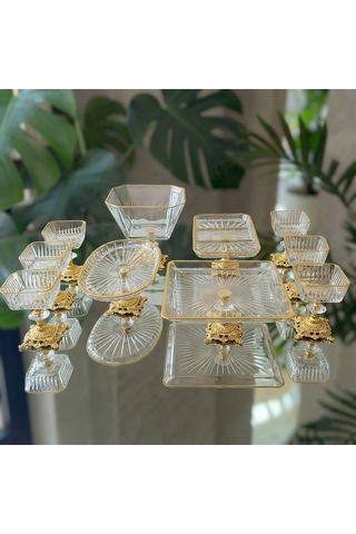 Assa Bazaar 10 Parca Gold Metal Ayaklı Pasta - Salata - Tatlı - Kase Ve Servis Sunum Seti