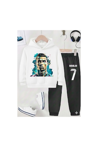 Stil X Ronaldo Baskılı Erkek Çocuk Eşofman Takımı, 3 İplik Şardonlu Kumaş Siyah-beyaz 1