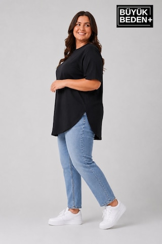 Superlife Büyük Beden Kadın Bisiklet Yaka Basic Oval Etek Detalylı 3xl-6xl Uzun Tunik Spr26btsk502 Siyah