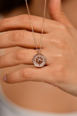 Zirkon Taşlı Rose Pusula Gümüş Kolye N10137