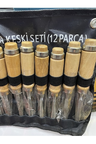 12 Parça Profesyonel Iskarpela Ahşap Saplı Oyma Seti Özel Çantalı