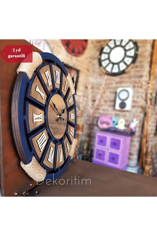 Ultra Kalın(1,5 Cm)Kişiye Özel Halatlı Duvar Saati Lacivert Ahşap
