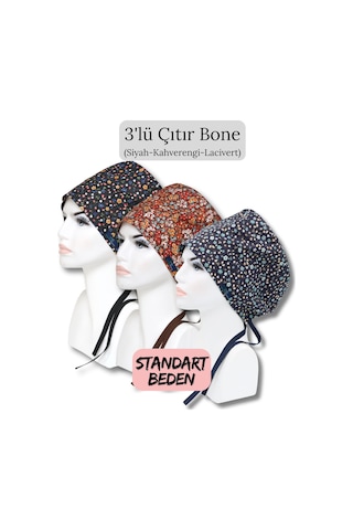 Standart Beden 3lü Çıtır Bone Siyah Çıtır Kahverengi Çıtır Lacivert Çıtır Çiçekler Cerrahi Bone Renkli
