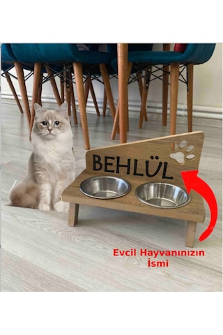 Nursoft Ahşap Kedi Mama Kabı Özel Isim Baskılı Kedi Köpek Su Kabı