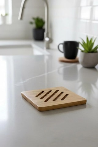 Bambu Nihale, Kare Şekilli, Çizgili Tasarım, Ahşap Malzeme, Tencere Tava Altlığı, 17 Cm, Nemli Bezle Silinebilir Diğer