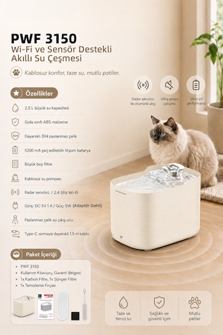 Pwf 3150 Petmate Flowsense Pro - Wi-fi Ve Sensörlü Akıllı Otomatik Kedi Köpek Su Çeşmesi 2,5 L Paslanmaz Çelik - Bpa İçermez - Krem