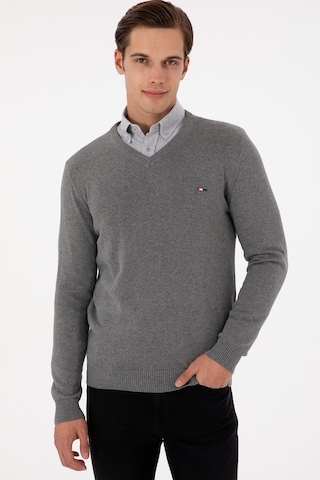 U.S. Polo Assn. Erkek Slim Fit V Yaka Gri Melanj Kazak 50298283-VR086