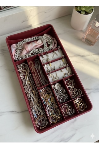 Lunihome Takı Kutusu Çeyiz Mücevher Düzenleyici Yüzük Küpe Kolye Seyahat Organizeri Kırmızı