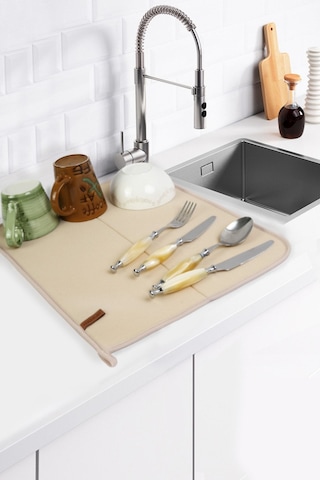 Basic Bulaşık Kurutma Matı 46x36 cm Kurulama Bezi Kurutma Örtüsü Tezgah Üstü Bej