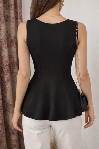 Meridefashion Kadın Kolsuz Peplum Bluz Fit Kalıp Şık Üst L Siyah