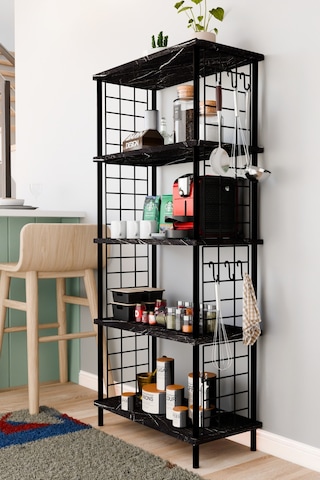 5 Raflı Çevir Kur Çok Amaçlı Raf Tel Yan Panel, Açık Raf Sistemli Metal Gövdeli Organizer Dolap Siyah Mermer