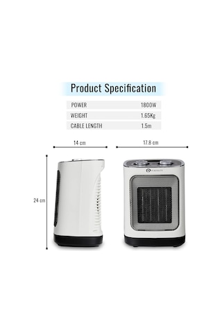 Puremate Seramik Fanlı Isıtıcı, 2 Isıtma Ayarlı 1800w Taşınabilir Elektrikli Isıtıcı